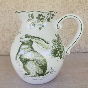 Ceramic Bunny Pitcher with Green Botanical Illustration -